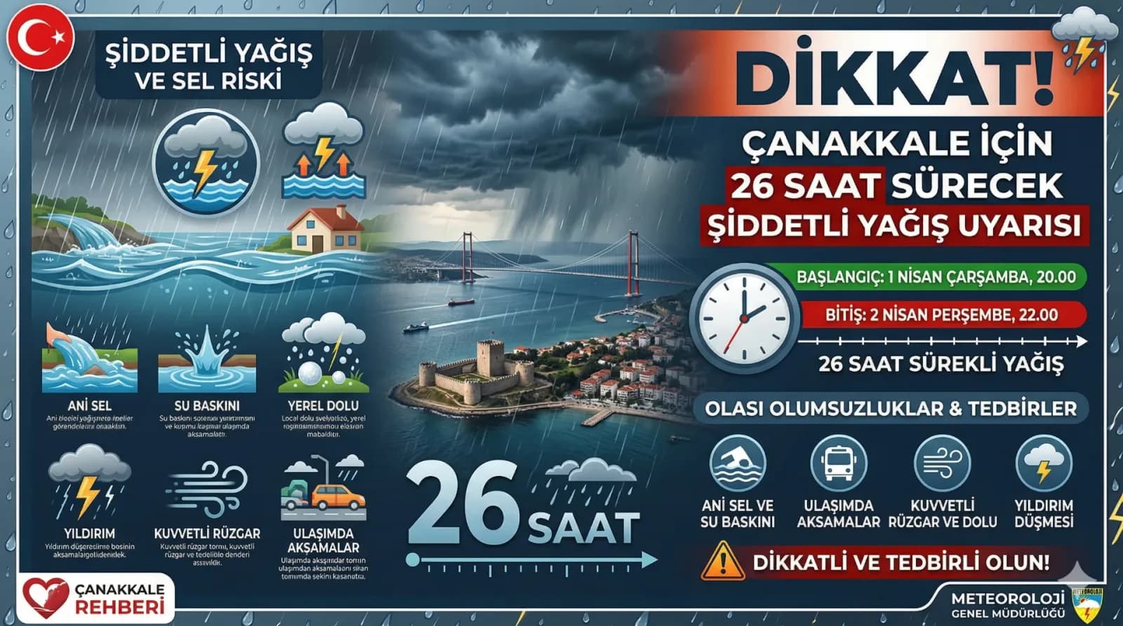 Dikkat! Çanakkale İçin 26 Saat Sürecek Şiddetli Yağış Uyarısı