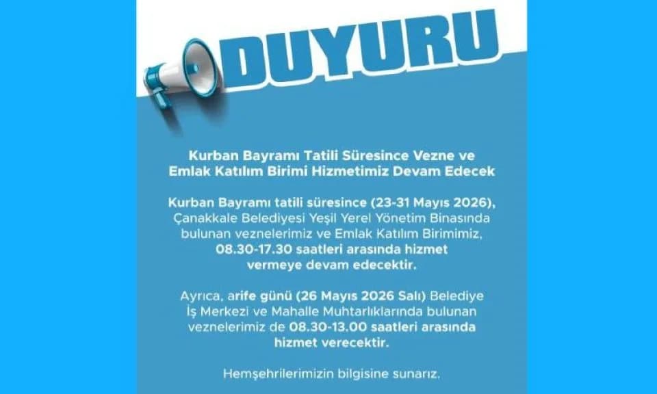 Çanakkale Belediyesi Kurban Bayramı Vezne Çalışma Saatleri Belli Oldu